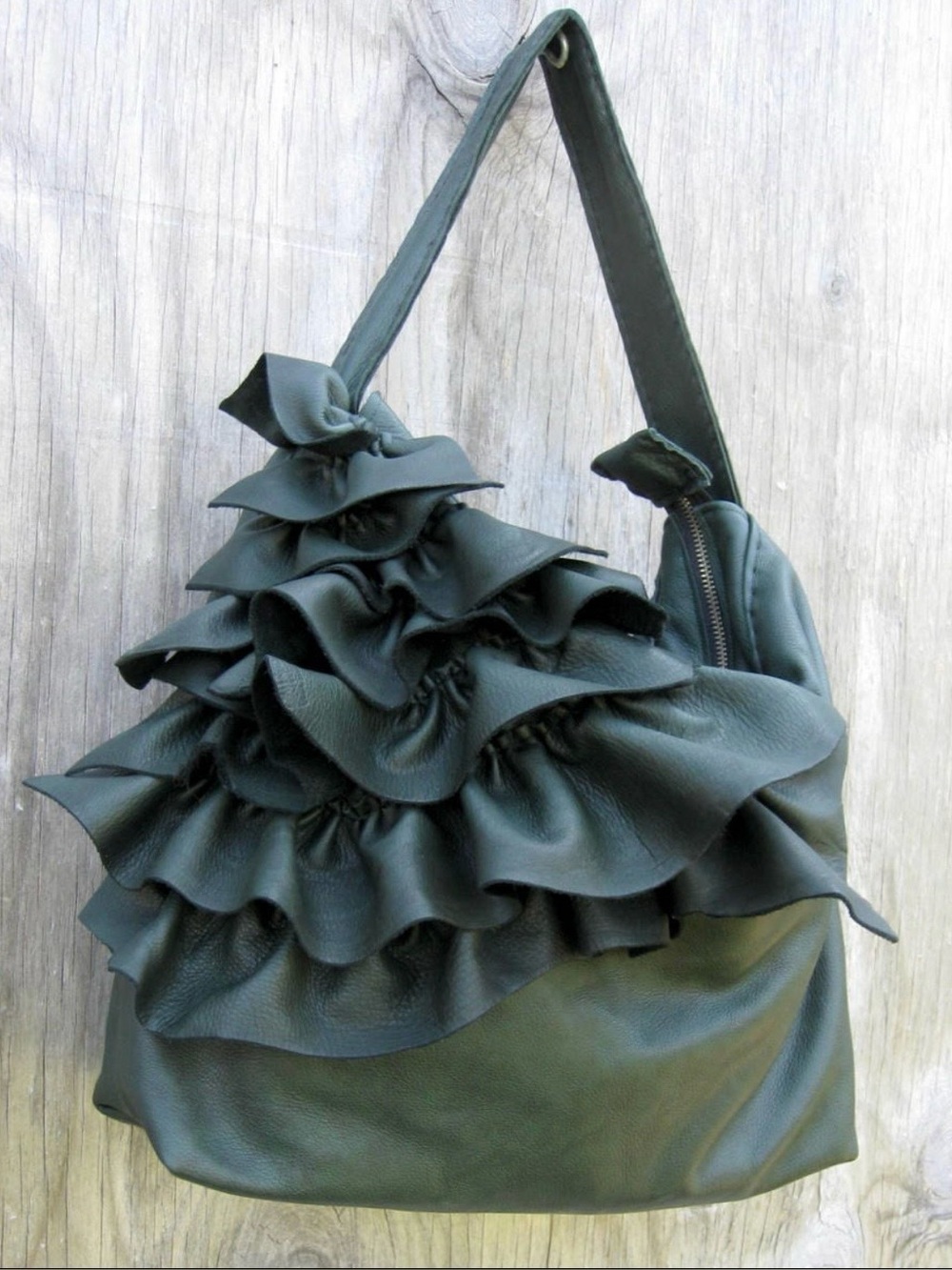 Stacy Leigh Handmade Ruffled Leather Shoulder Bag in Dark Forest Green